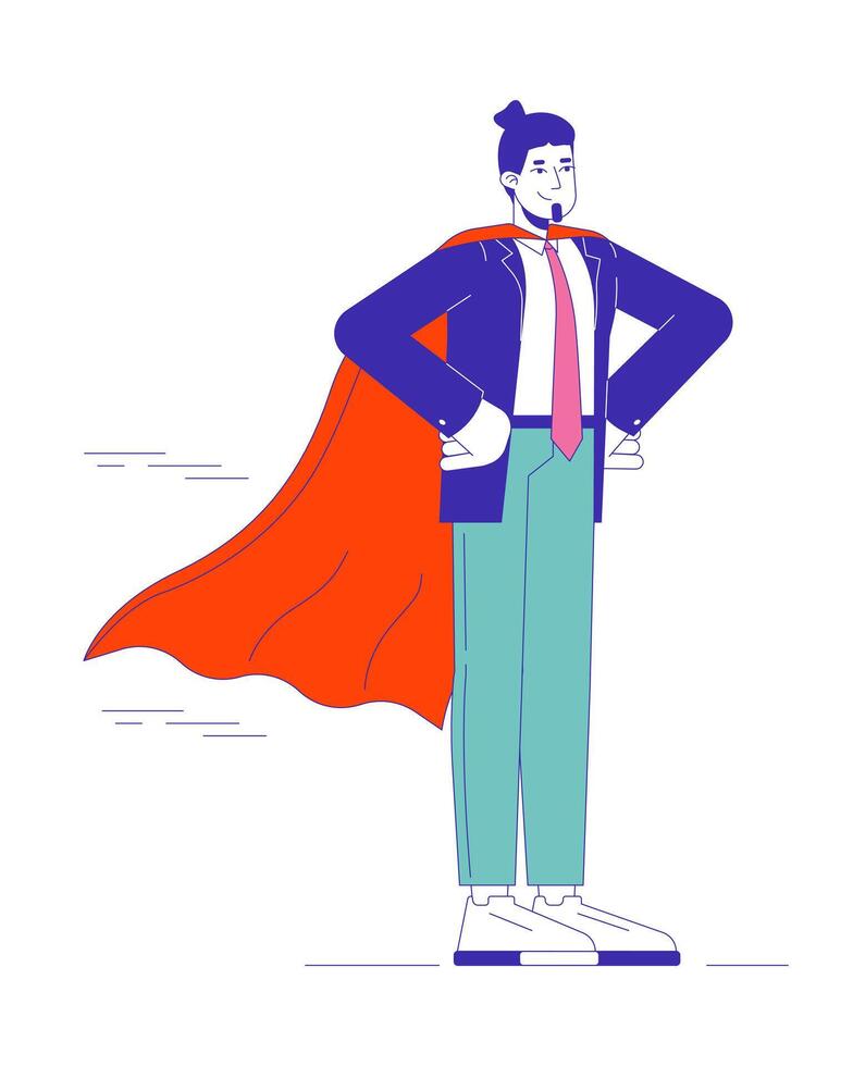 Office hero cartoon flat illustration. Successful career. Caucasian male with waving cape 2D lineart character isolated on white background. Leadership development scene color image vector