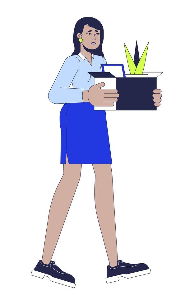 Unhappy hindu woman getting dismissal 2D linear cartoon character. Indian female losing job isolated line person white background. Unemployment growth color flat spot illustration vector