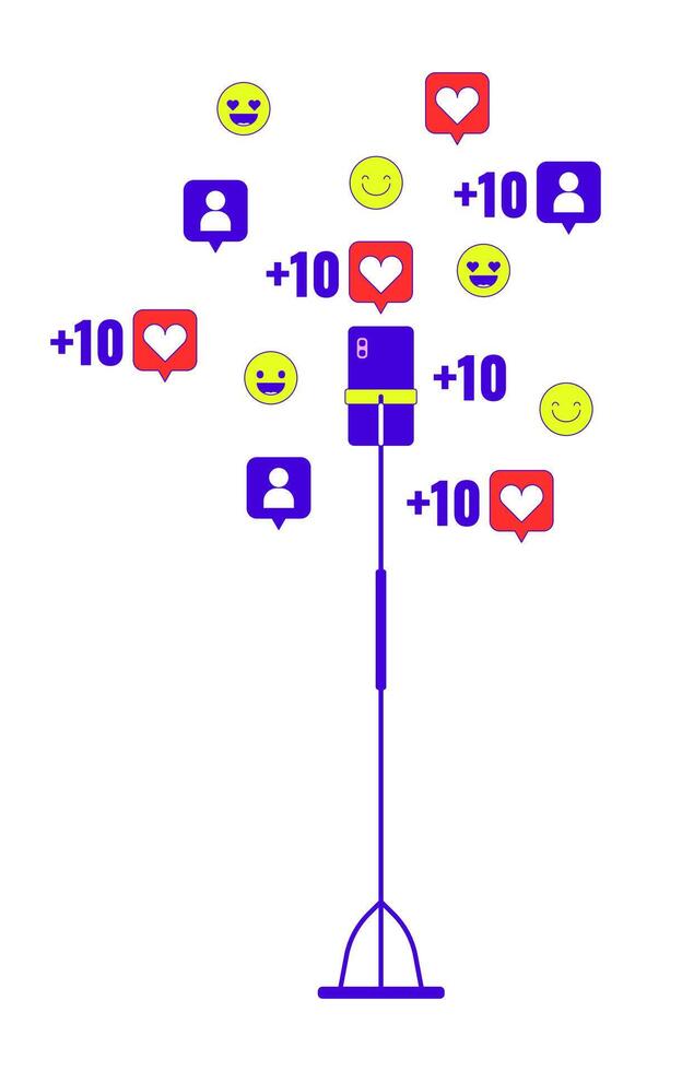 Smartphone on tripod with likes followers 2D linear cartoon object. Cellphone recording. Vlogging accessories isolated line element white background. Live streaming color flat spot illustration vector
