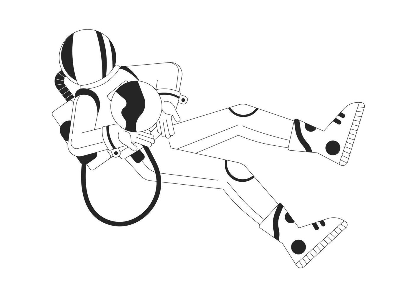 Astronaut holding planet black and white 2D line cartoon character. Cosmos explorer in protective suit isolated outline person. Researching deep space monochromatic flat spot illustration vector