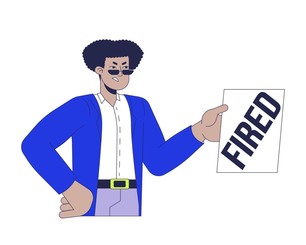 Angry hispanic man announcing firing 2D linear cartoon character. Latin male dismissing employees isolated line person white background. Unemployment crisis color flat spot illustration vector