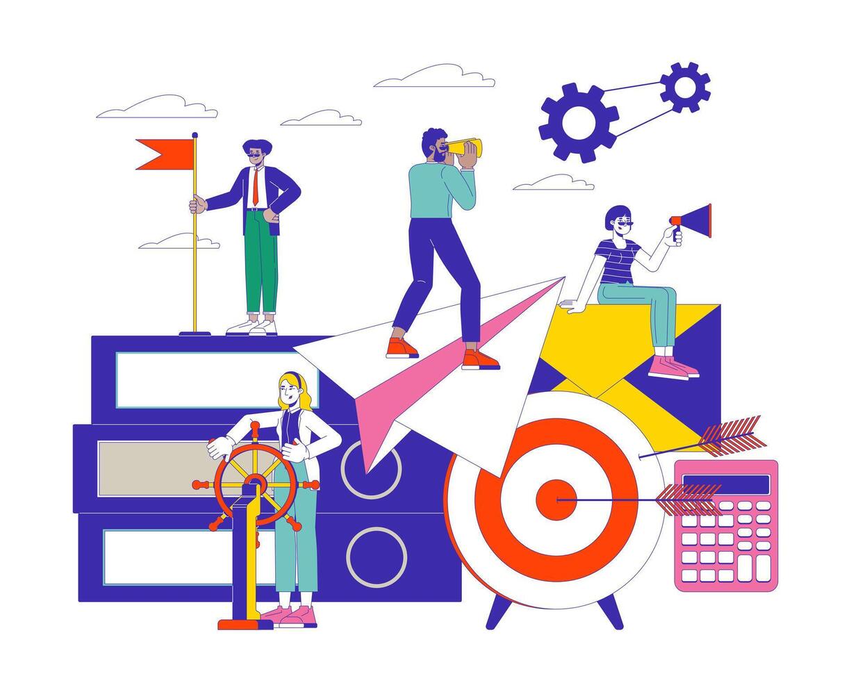 Leadership development 2D linear illustration concept. Multiethnic team of businesspeople cartoon characters isolated on white. Success and achievements metaphor abstract flat outline graphic vector