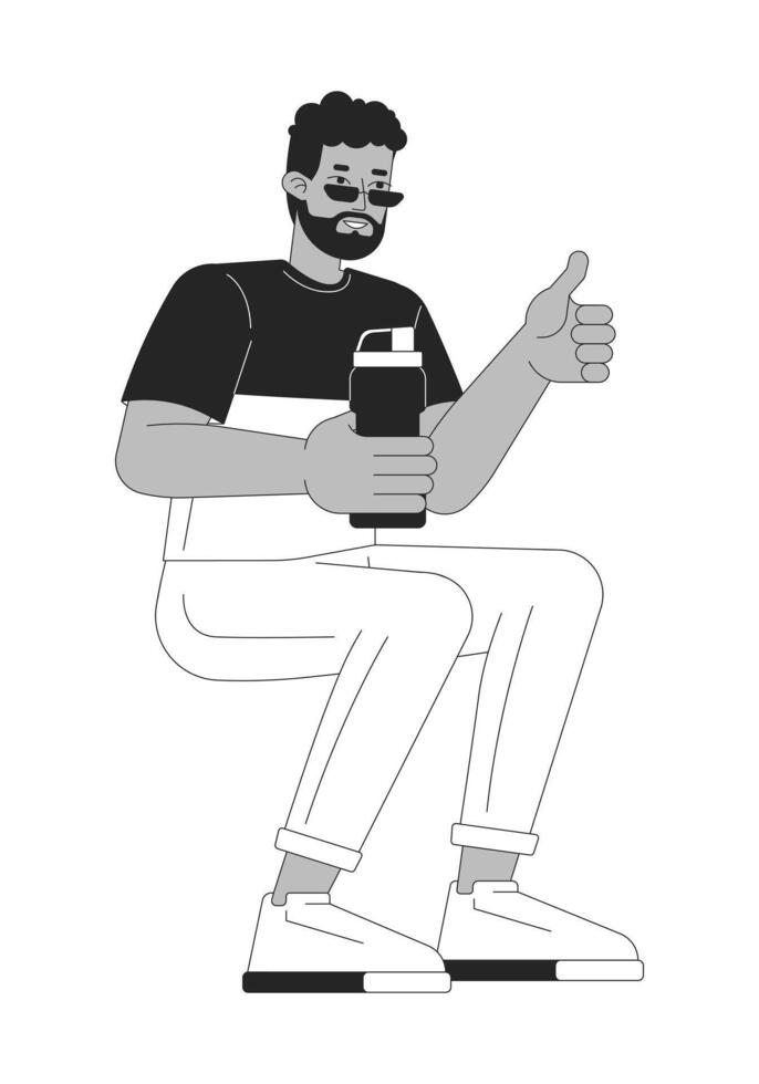 Influencer man with water bottle reusable black and white 2D line cartoon character. Black guy thumb up isolated outline person. Zero waste promotion monochromatic flat spot illustration vector