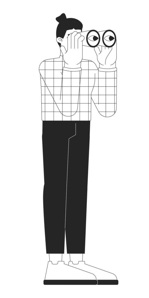 Caucasian man looking in binoculars black and white 2D line cartoon character. European male researcher with tool isolated outline person. Surveillance monochromatic flat spot illustration vector