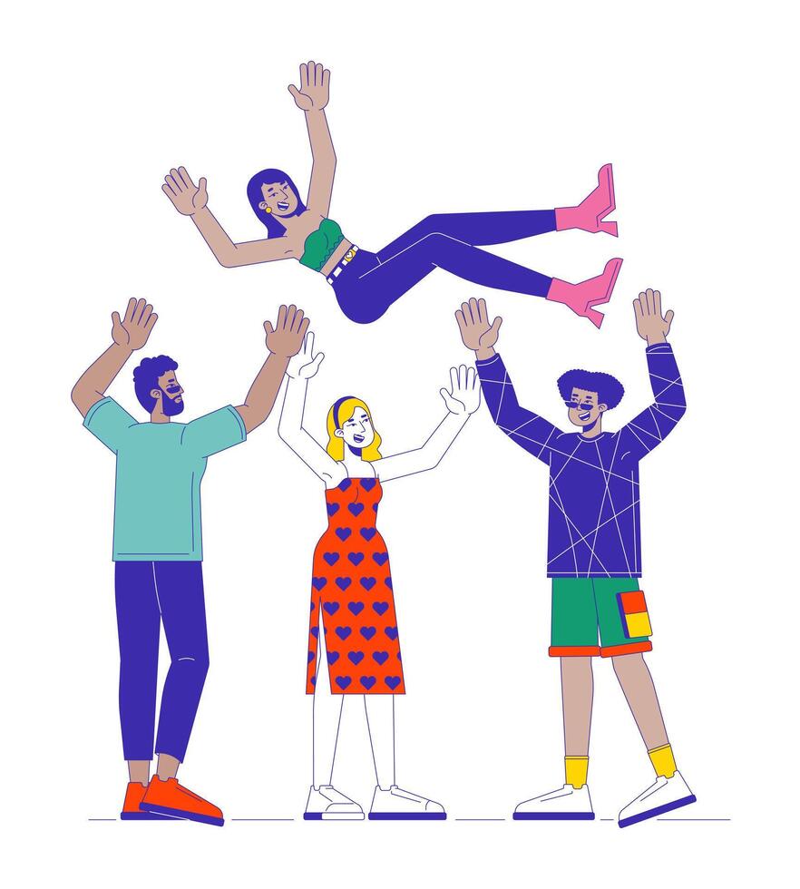 Enjoy success cartoon flat illustration. Joyful friends throwing south asian female in air 2D lineart characters isolated on white background. Celebrating diversity scene color image vector