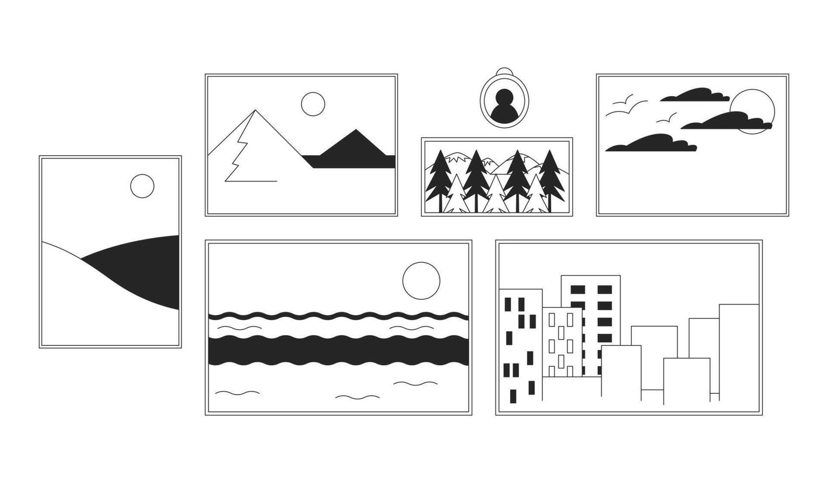 Framed paintings hanging black and white 2D line cartoon objects set. Landscape drawings for wall decoration isolated outline items collection. Interior monochromatic flat spot illustrations vector