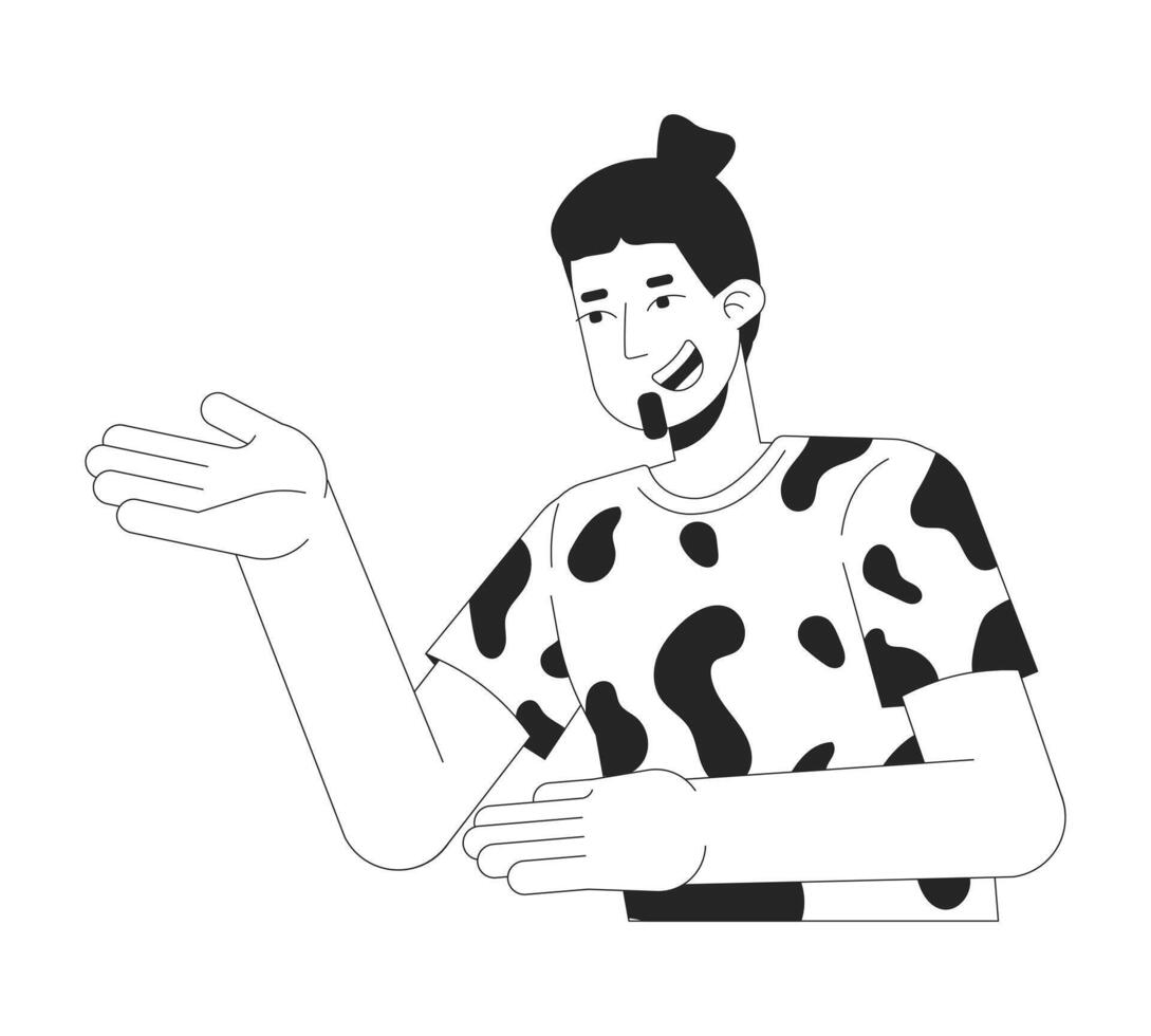 Influencer man gesturing demonstrating black and white 2D line cartoon character. Friendly caucasian bearded male isolated outline person. Presentation monochromatic flat spot illustration vector
