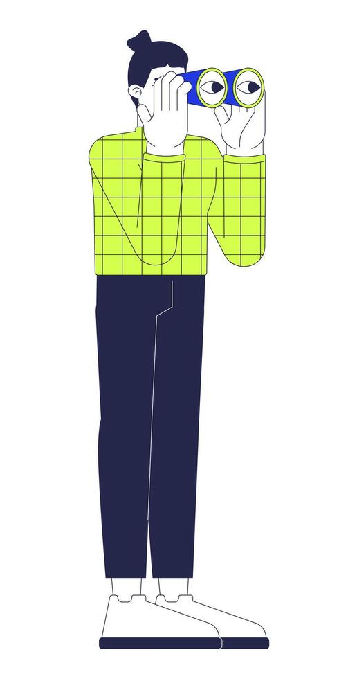 Caucasian man looking in binoculars 2D linear cartoon character. European male researcher with tool isolated line person white background. Surveillance hobby color flat spot illustration vector