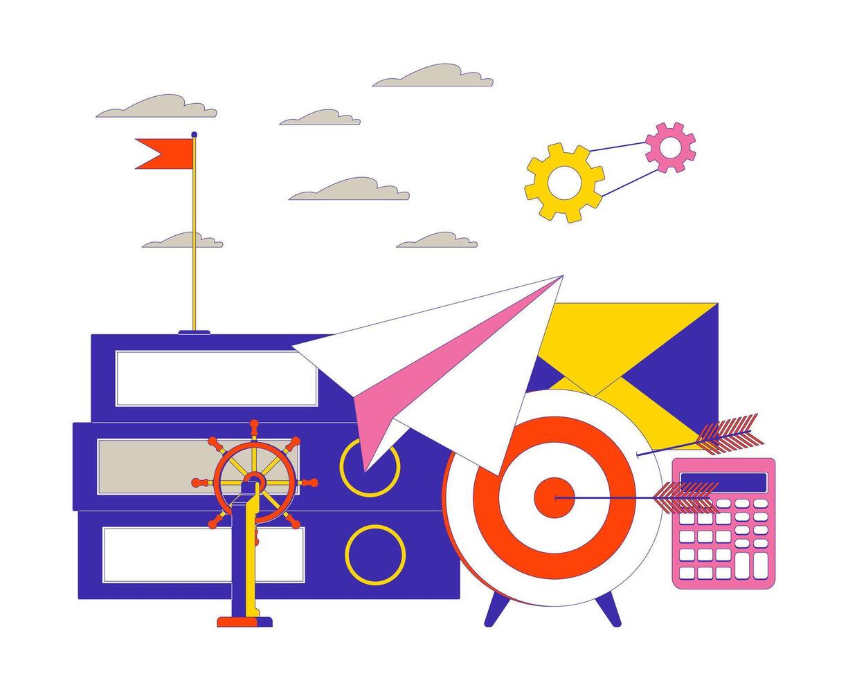 Business success 2D linear illustration concept. Office work improvement strategy cartoon items animated on white. Commercial company development metaphor abstract flat outline graphic vector