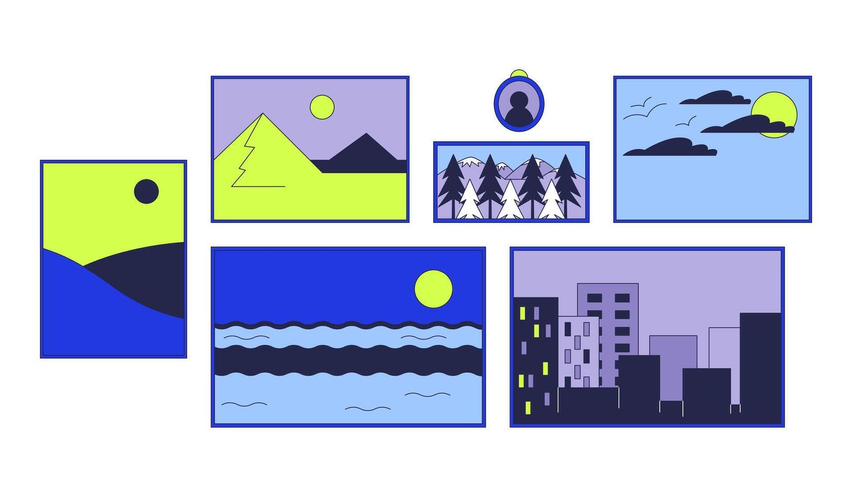 Framed paintings hanging 2D linear cartoon objects set. Landscape drawings for wall decoration isolated line elements white background. Interior color flat spot illustration collection vector