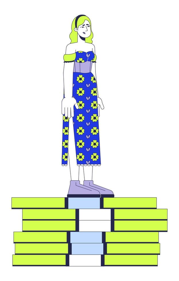 Sad caucasian woman standing on money pile 2D linear cartoon character. European female with low wage isolated line person white background. Inflation color flat spot illustration vector