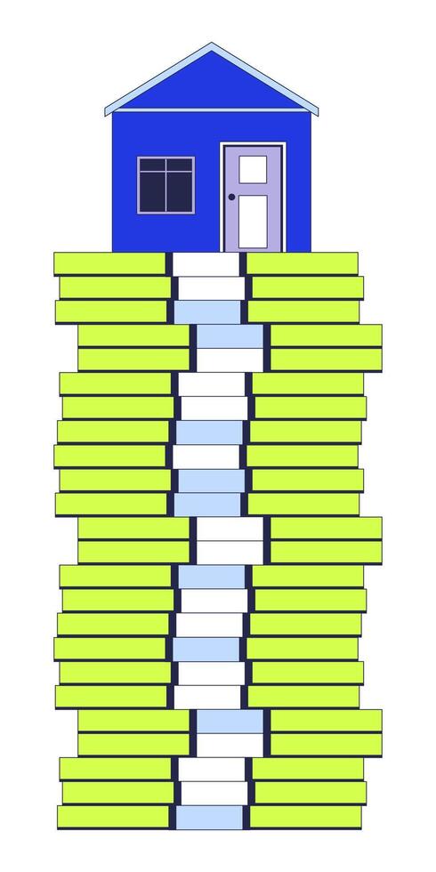 House on high cash money stack 2D linear cartoon object. Buying home. Real estate price growing isolated line element white background. Expensive mortgage color flat spot illustration vector