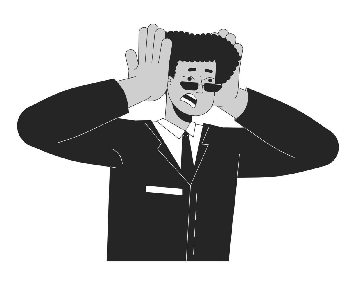 Scared latin american man clutching head black and white 2D line cartoon character. Hispanic male manager shocked isolated outline person. Panic attack monochromatic flat spot illustration vector