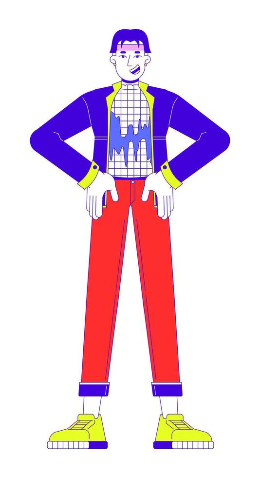 Stylish korean guy in power pose 2D linear cartoon character. Asian young man hands on hips isolated line person white background. Fashion influencer color flat spot illustration vector