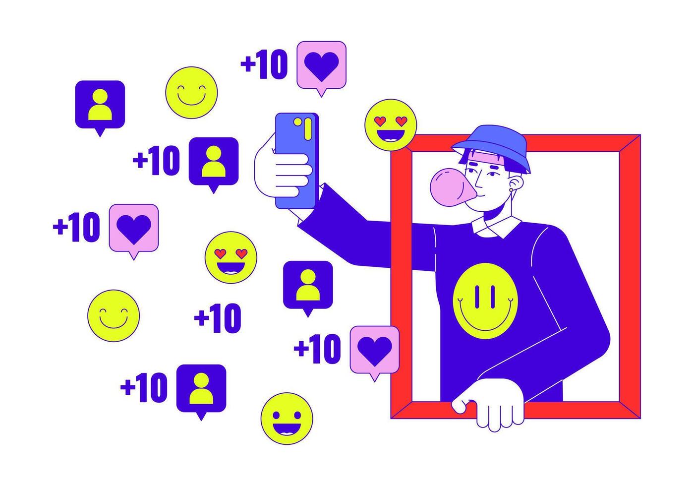 Korean guy making selfie for social media 2D linear cartoon character. Asian young male blogger isolated line person white background. Fashion influencer color flat spot illustration vector