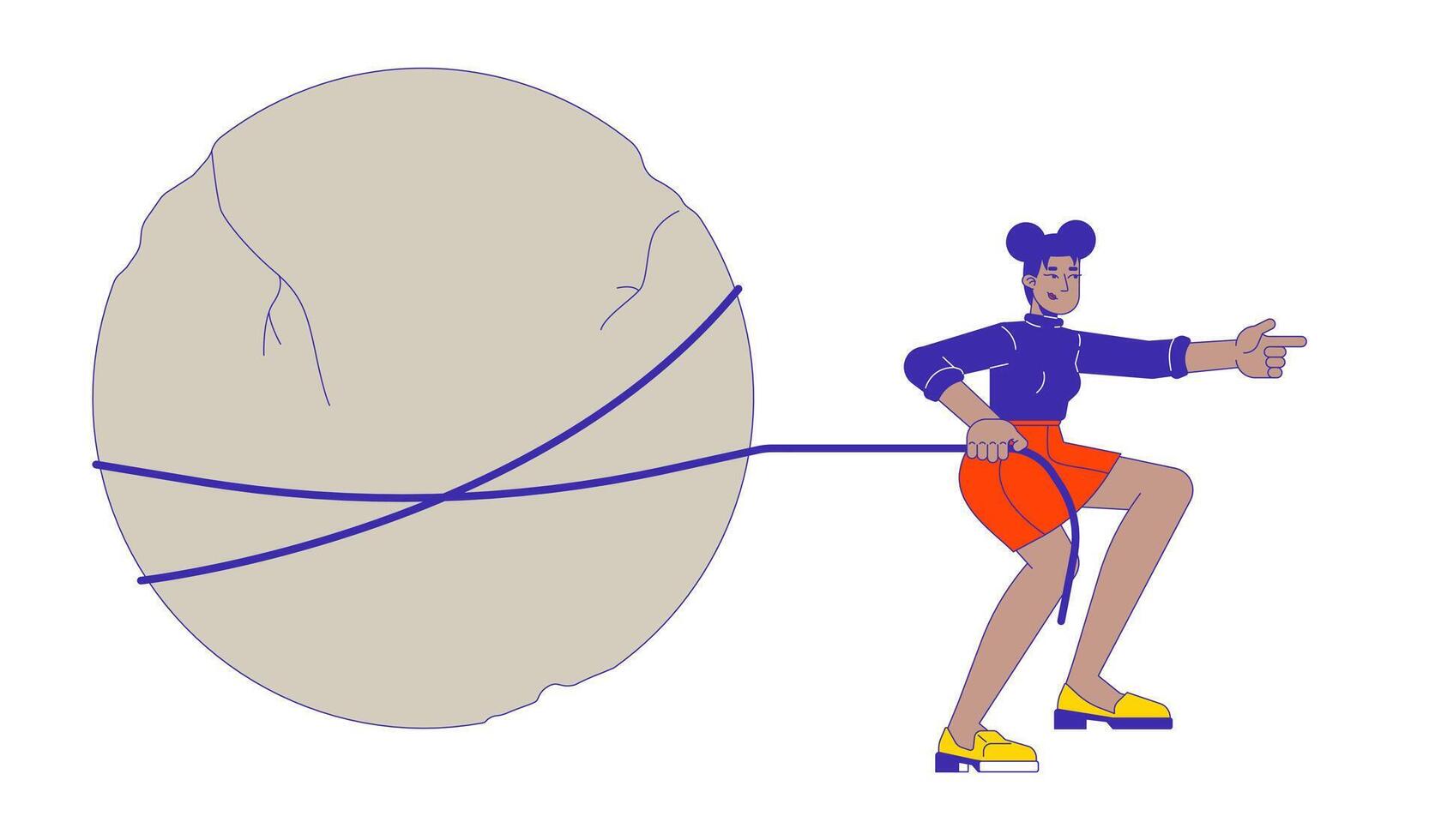 Black woman leader pulling rock 2D linear cartoon character. African american female tied to stone showing direction isolated line person white background. Efforts color flat spot illustration vector