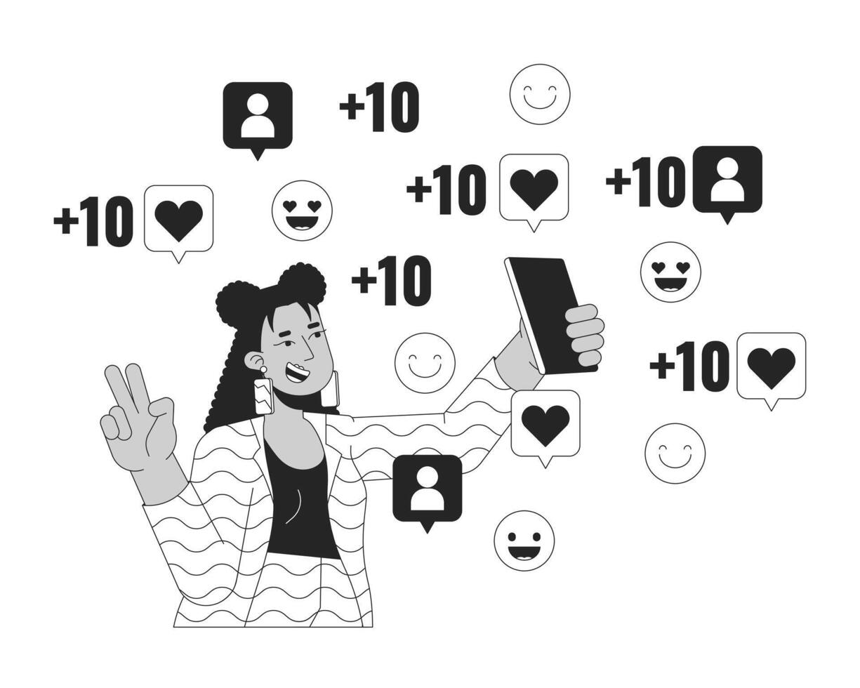 Blogger posing on smartphone camera for followers black and white 2D line cartoon character. Latina woman victory fingers isolated outline person. Gen z monochromatic flat spot illustration vector