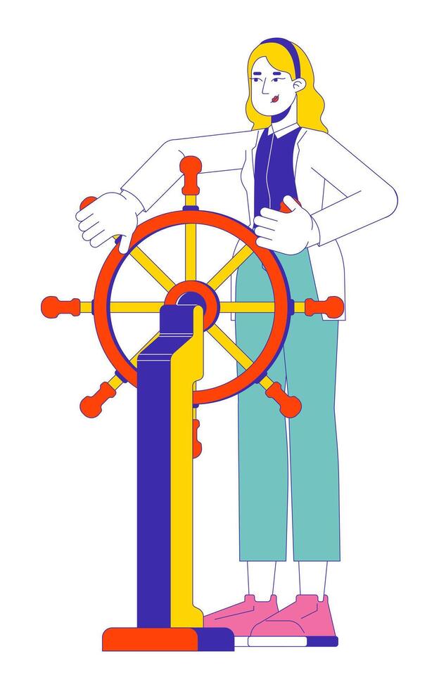 Blonde european woman at steering wheel 2D linear cartoon character. Brave caucasian female leader isolated line person white background. Controlling situation color flat spot illustration vector