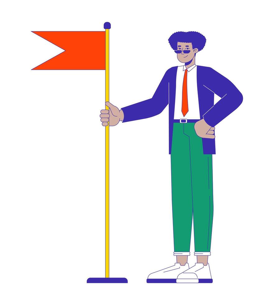 Happy latin american man holding flag 2D linear cartoon character. Confident hispanic male leader isolated line person white background. Leadership development color flat spot illustration vector