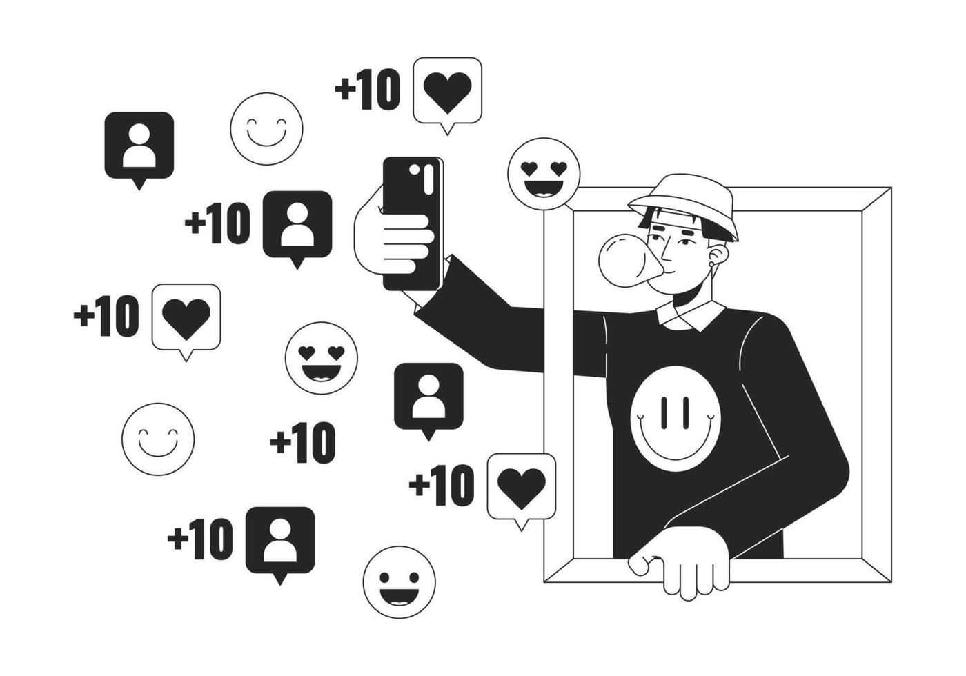 Korean guy making selfie for social media black and white 2D line cartoon character. Asian young male blogger isolated outline person. Fashion influencer monochromatic flat spot illustration vector