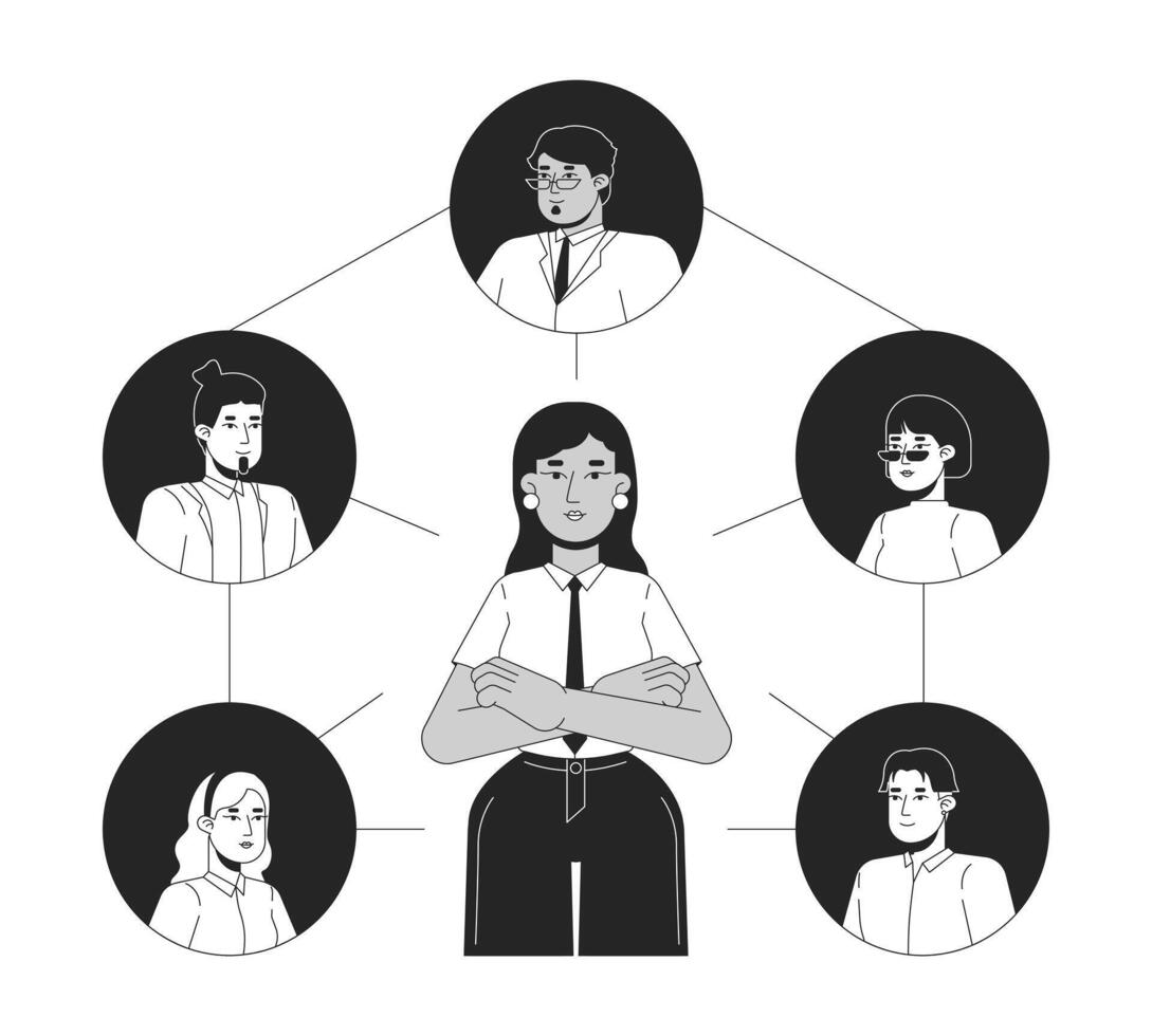 Coworkers communication black and white 2D illustration concept. Female leader interacting with diverse team cartoon outline characters isolated on white. Network metaphor monochrome art vector