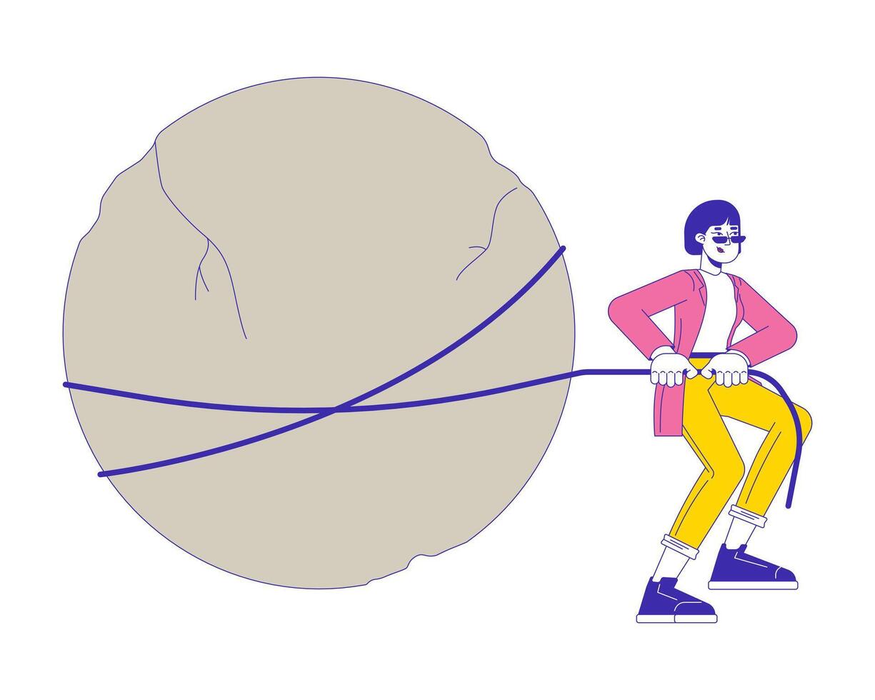 Decisive asian businesswoman pulling huge rock 2D linear cartoon character. Hard working korean female isolated line person white background. Determination color flat spot illustration vector