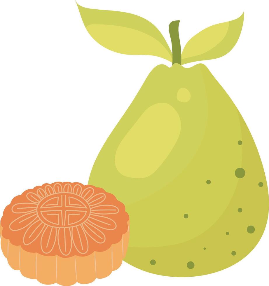 Green Pomelo Fruit and Moon Cake Traditional Dessert Illustration Graphic Element Art Card vector