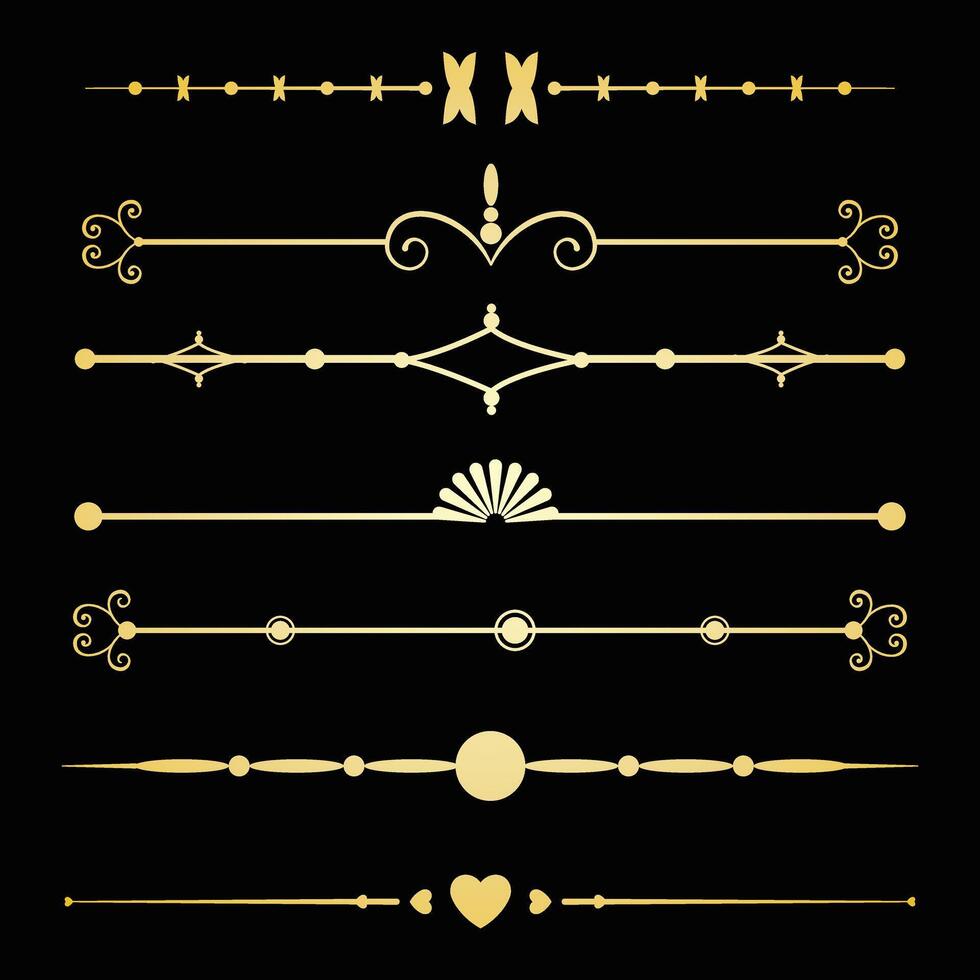 Decorative lines, Text devider set, gold line minimal separators, elegant doodlle borders, decorative elements isolated on dark background. vector