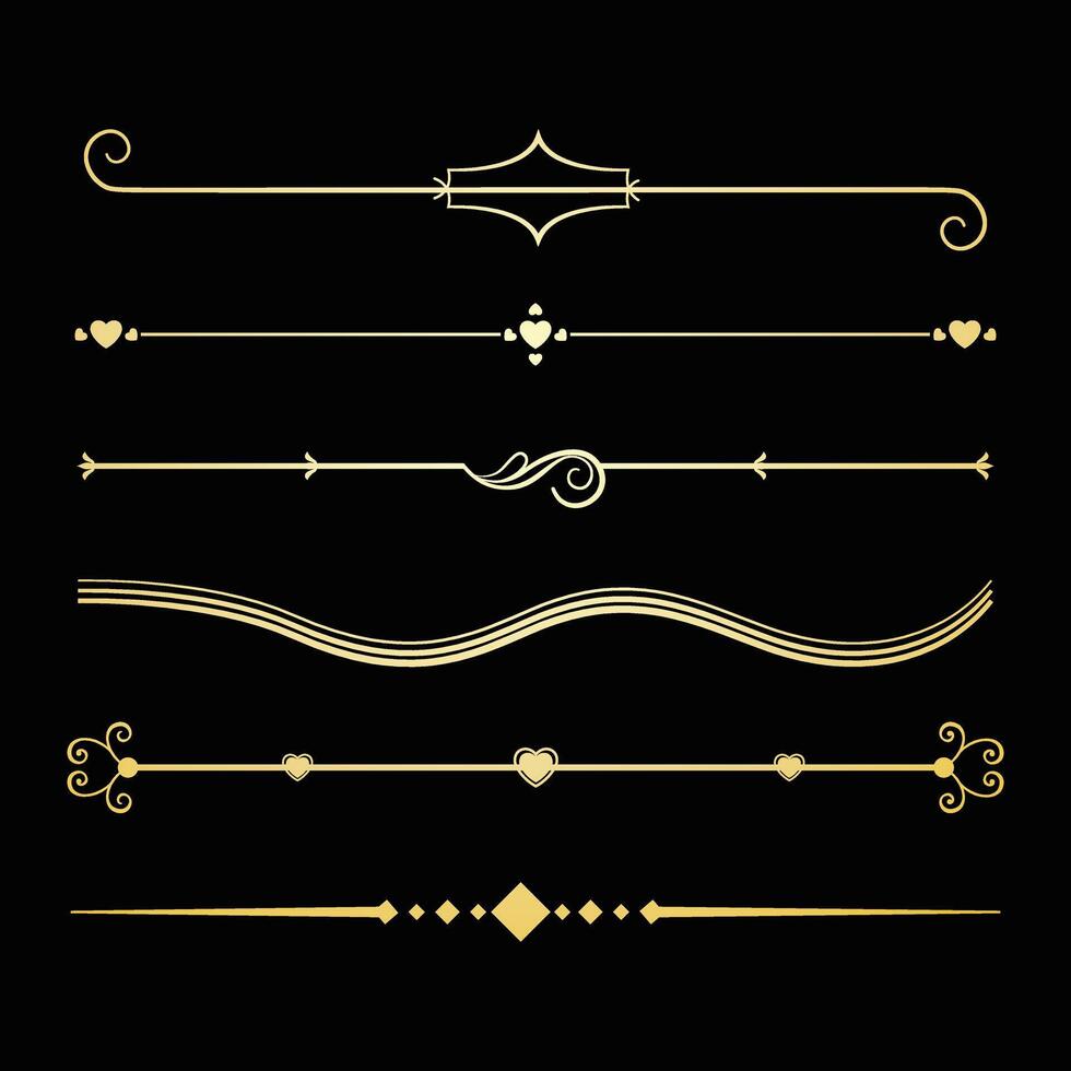 Decorative lines, Text devider set, gold line minimal separators, elegant doodlle borders, decorative elements isolated on dark background. vector