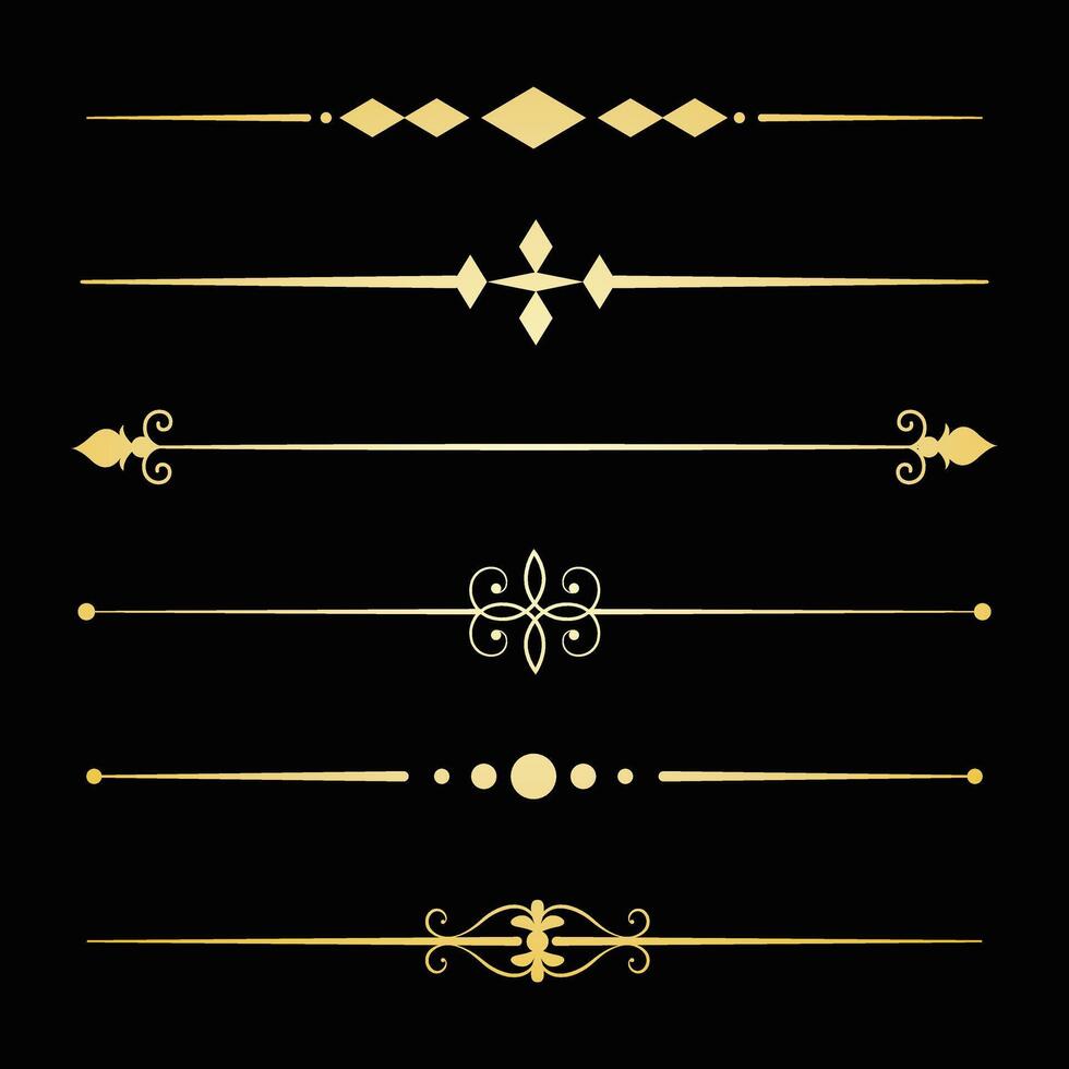 Decorative lines, Text devider set, gold line minimal separators, elegant doodlle borders, decorative elements isolated on dark background. vector