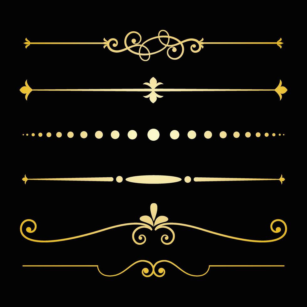Decorative lines, Text devider set, gold line minimal separators, elegant doodlle borders, decorative elements isolated on dark background. vector