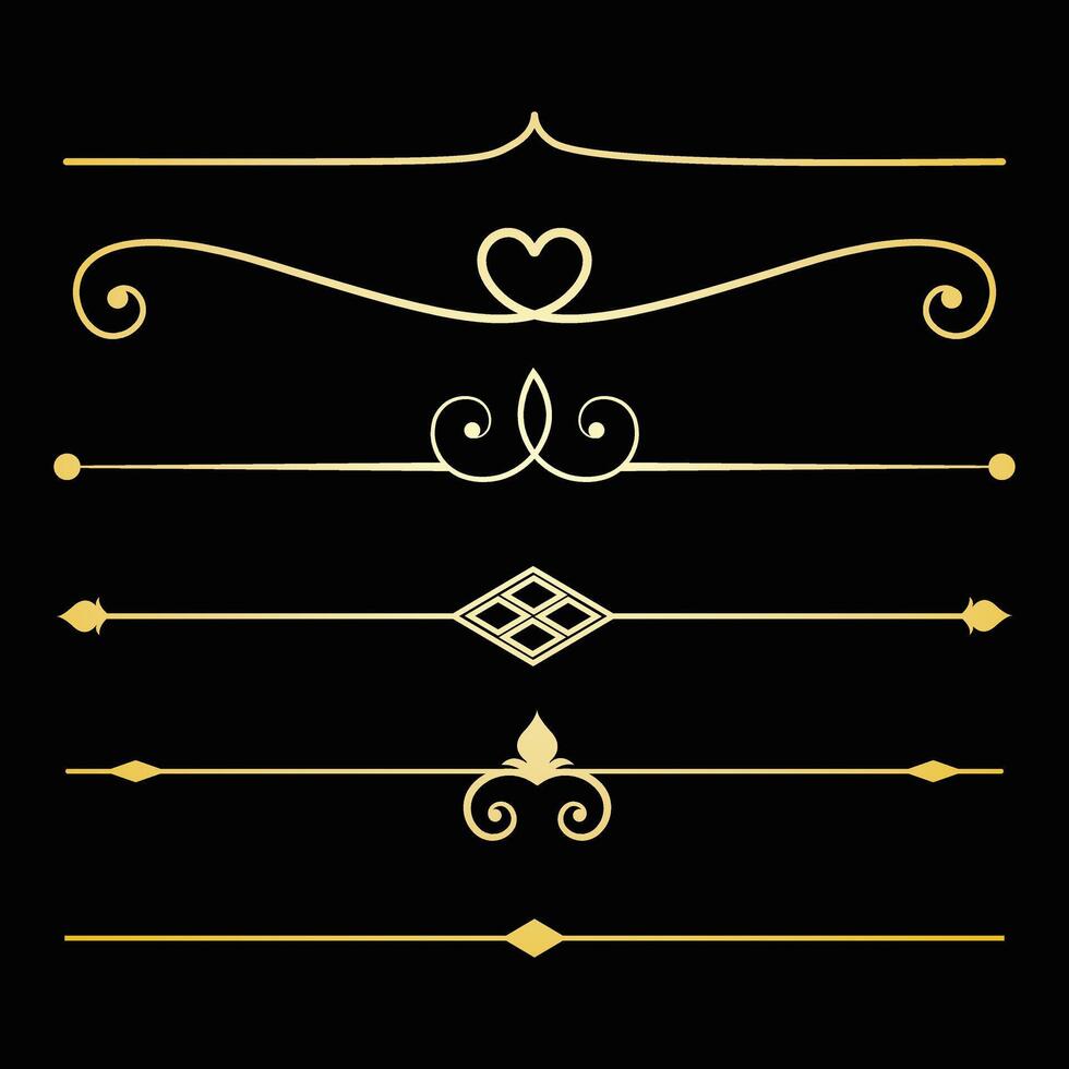 Decorative lines, Text devider set, gold line minimal separators, elegant doodlle borders, decorative elements isolated on dark background. vector