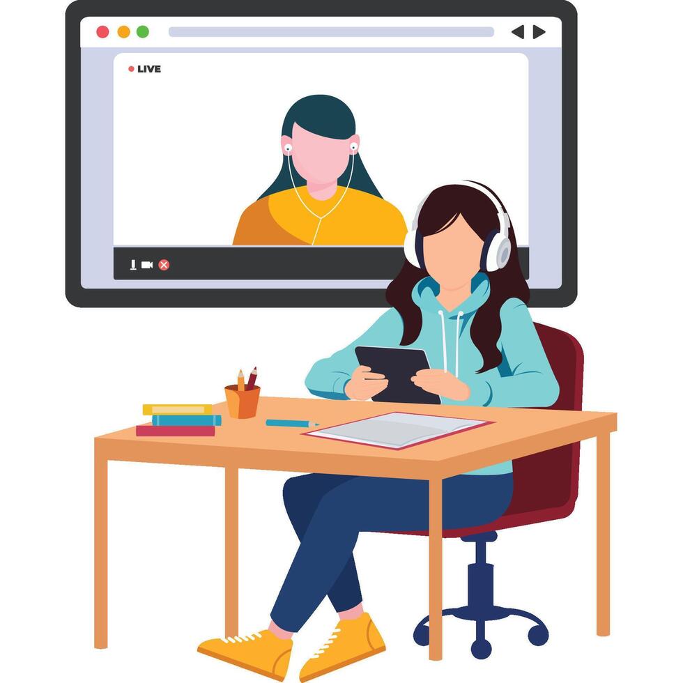 girl attending online class illustration vector
