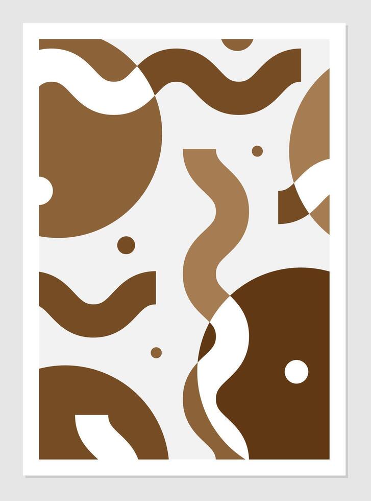 Monochrome brown abstract poster with circles of different sizes and wavy lines. Illustration of simple round and elongated shapes randomly located. Interior design. vector