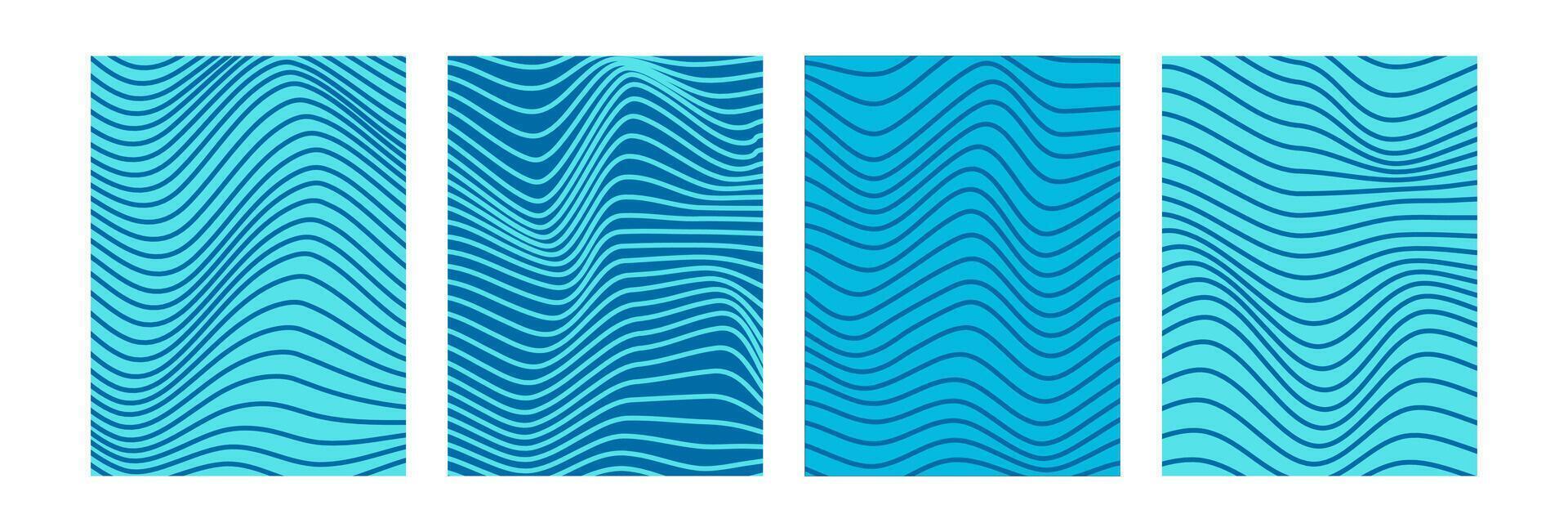 Blue wavy lines abstract backgrounds. Optical modern art. Psychedelic illusion, swirls, waves. Hypnotic surreal covers, posters, cards. Summer vibes. illustration. vector
