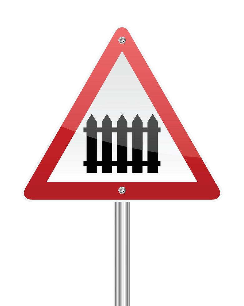 Railroad crossing ahead, rail boom gate ahead, red triangle warning sign with fence traffic sign vector