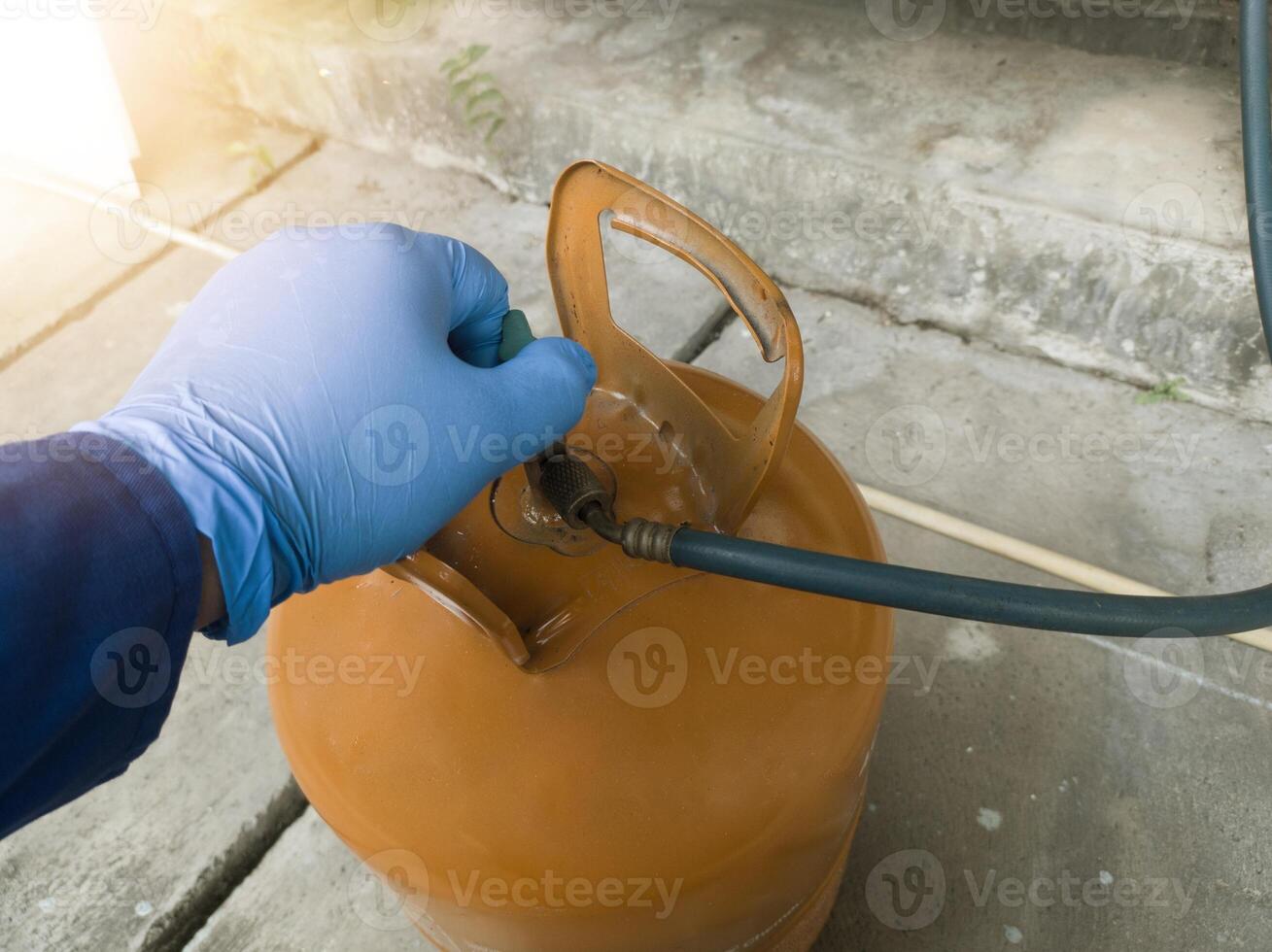Close up the Freon tubes on Maintenance refrigerant fill procces.Air Conditioning System. photo