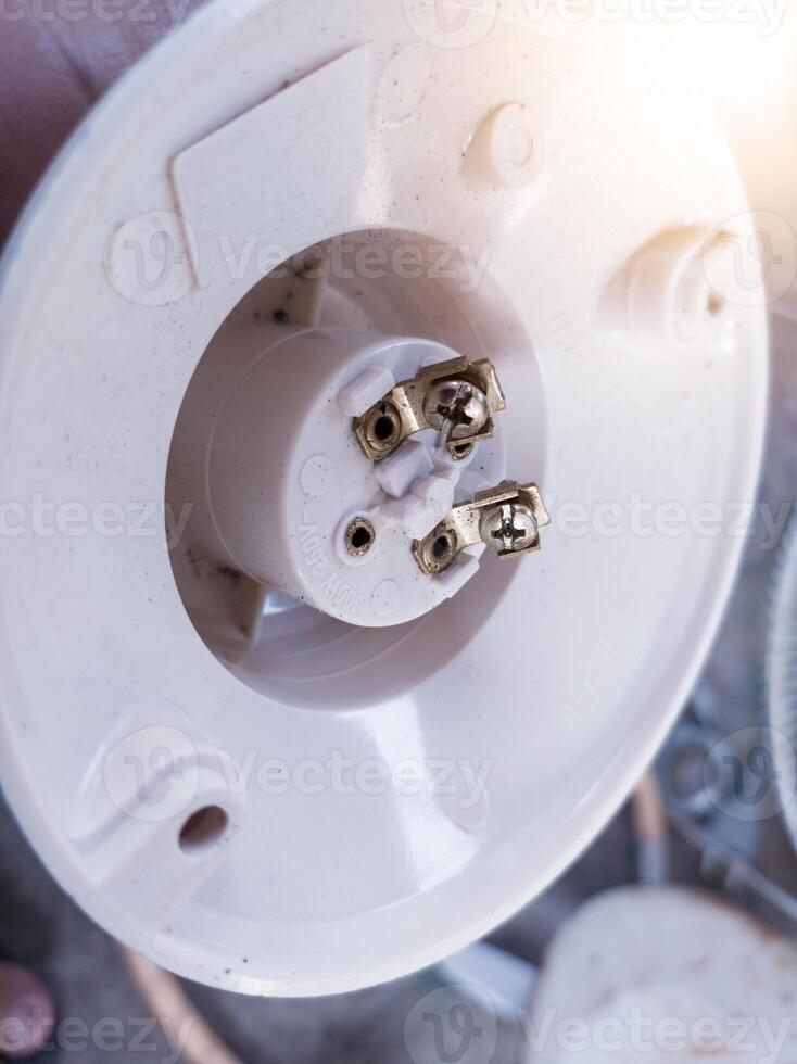 Close up the terminals of lamp fitting for industrial or home lighting installation. photo