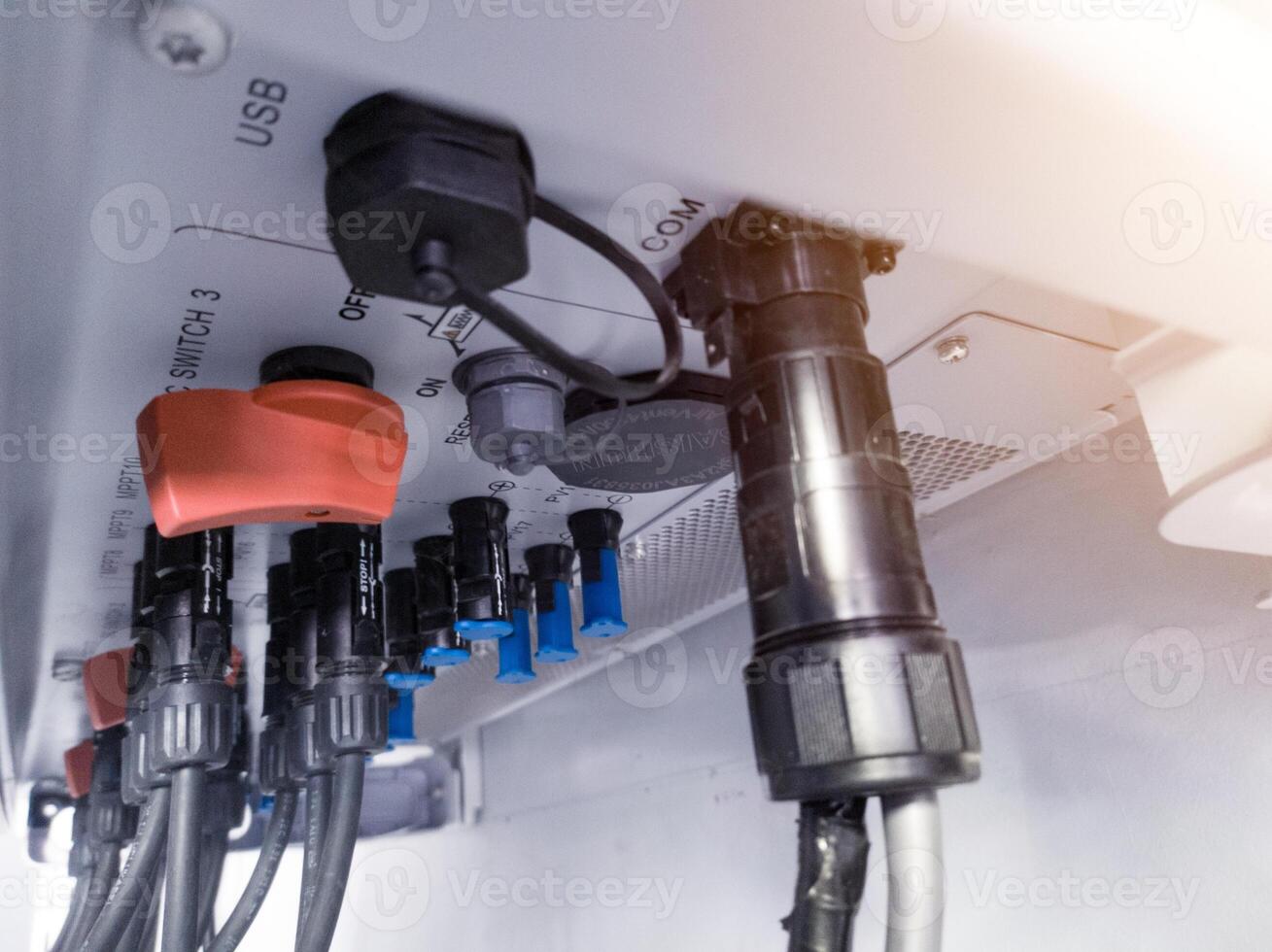 Electrical inverter solar panel switching on bottom view. photo