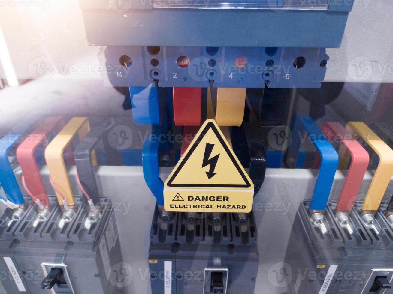 Installation of power line on main breaker panel for industrial power control. photo