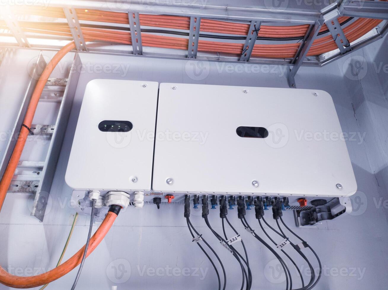 Instalation control of inverters solar panel on the wall. Technology of solar energy with shiny light. photo