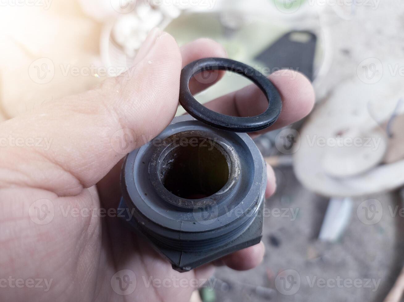 Industrial plumbing of Union pipe with sealing for replaced. Concept of plumbing repair and service. photo