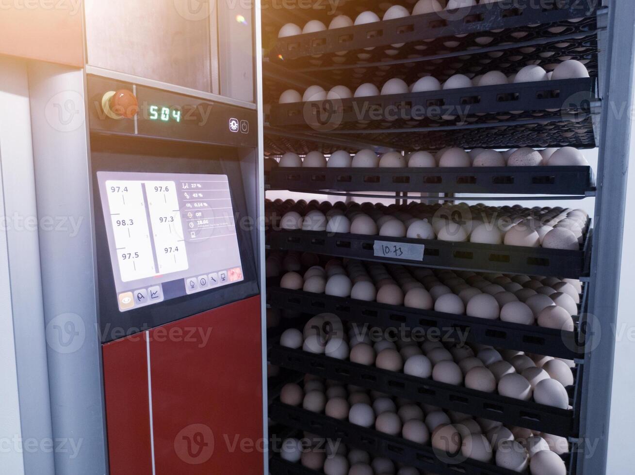 Hatchery concept technology of smart incubation hatchering machine. Modern technology Hatching eggs incubation manchinery. photo