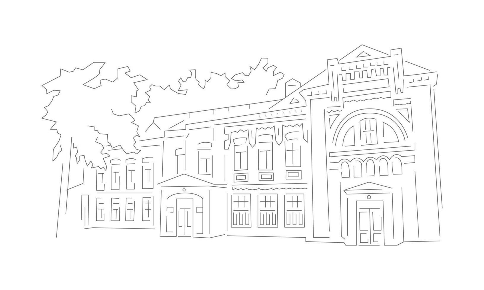 Hand drawn building sketch. Doodle of old city, downtown. Urban landscape, school, hospital or theater. illustration on white background vector