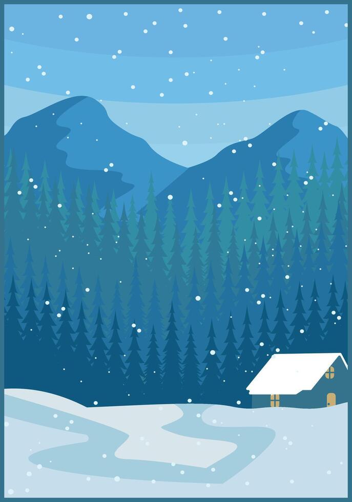 Cabin vintage poster pine tree mountain scenery forest in the snow background illustration design vector