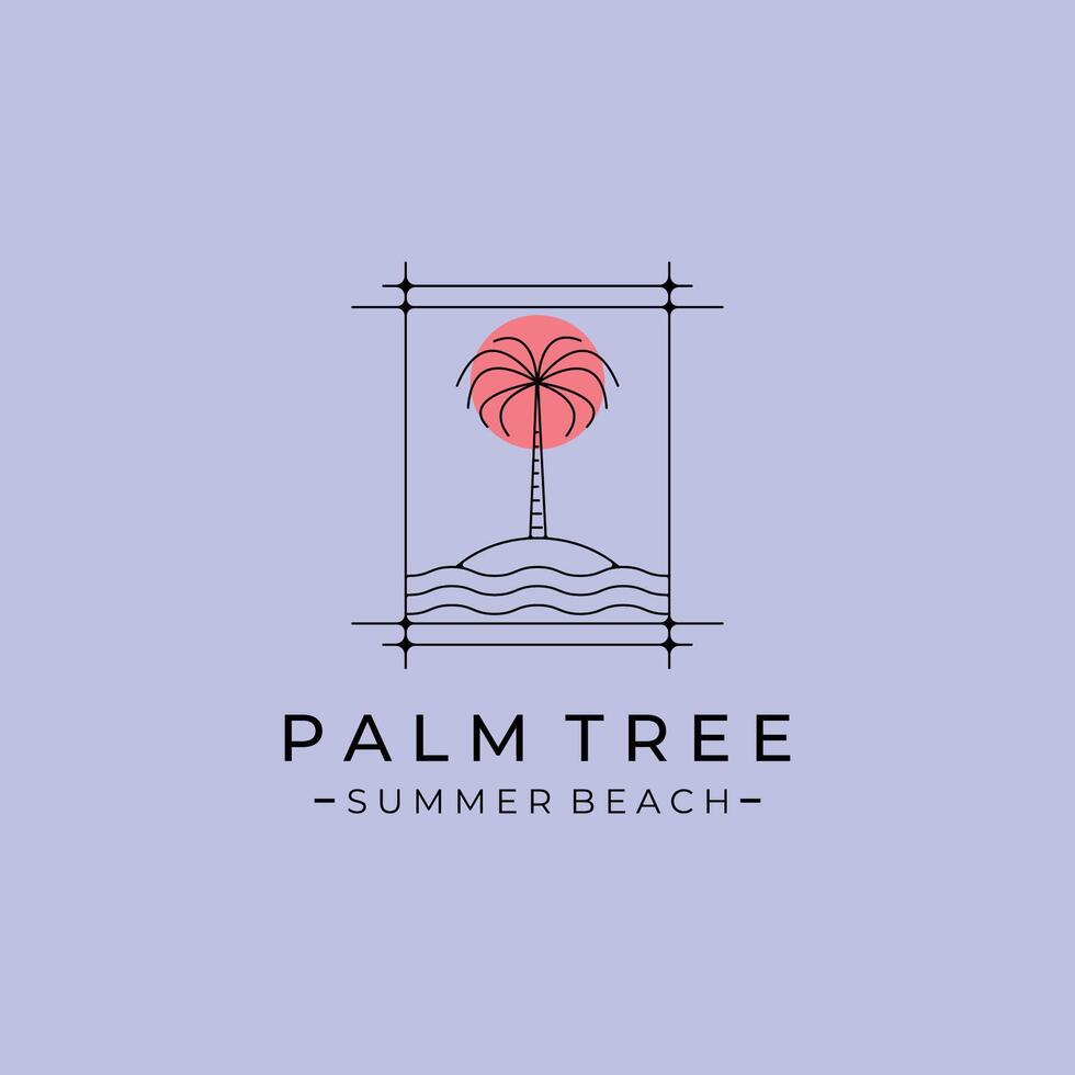 palm tree island line logo symbol with sunset illustration design, minimal emblem design vector