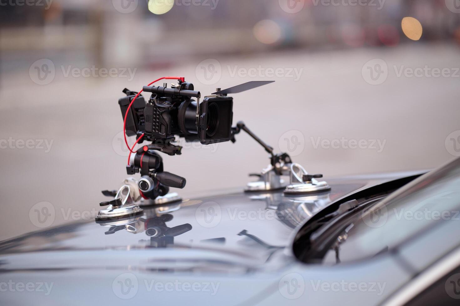 A professional camera rig is mounted on a vehicle, ready for filming cinematic projects and advertisements on the go photo
