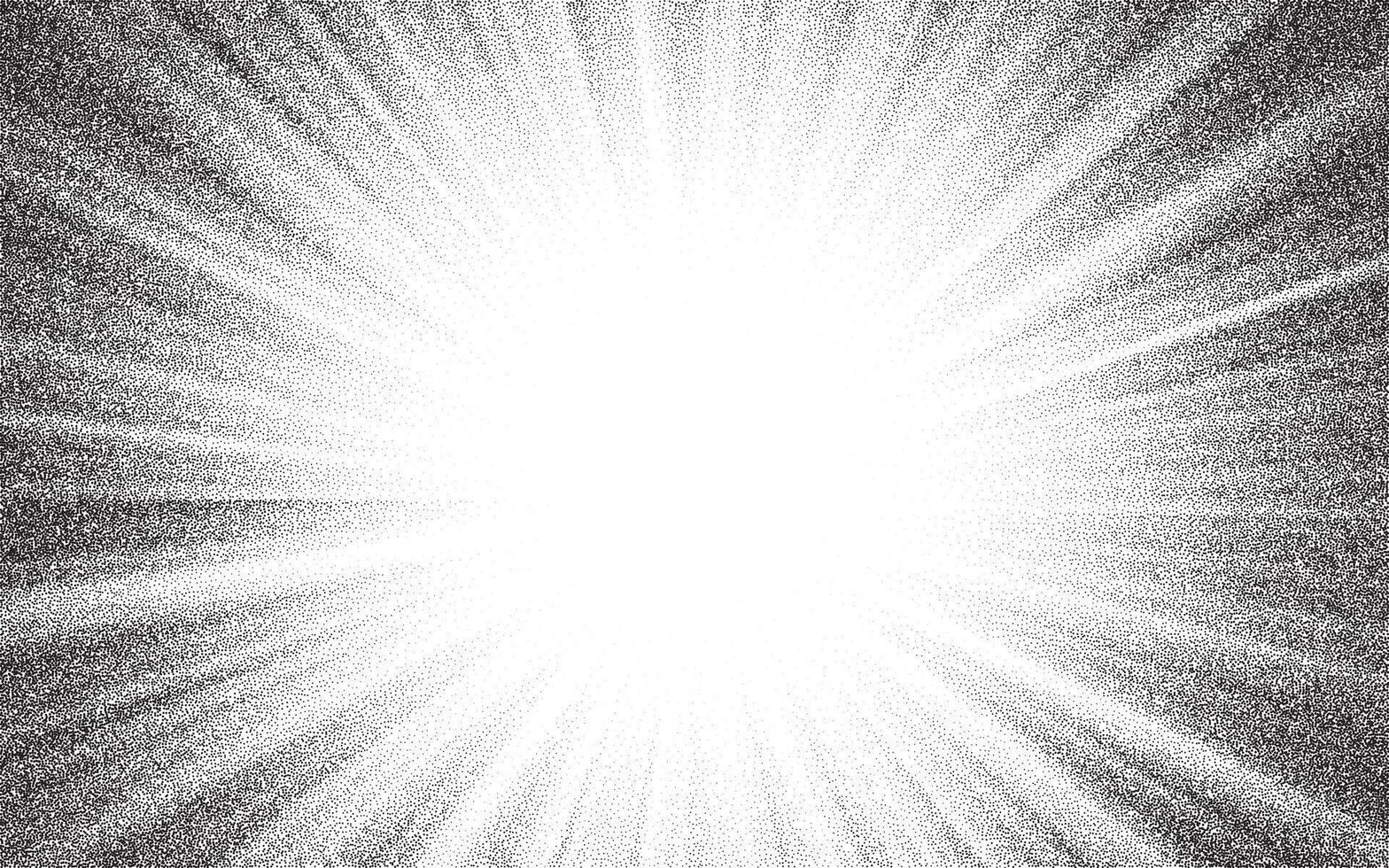 Starburst overlay with noise dots stipple halftone texture background, sunburst grainy pattern vector