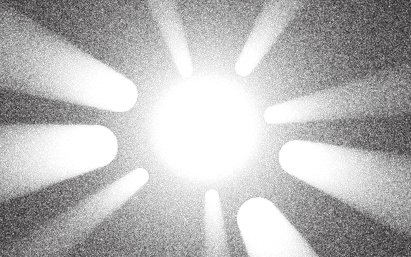 Spotlight rays with noise dots stipple halftone background, radial ray grainy texture pattern vector