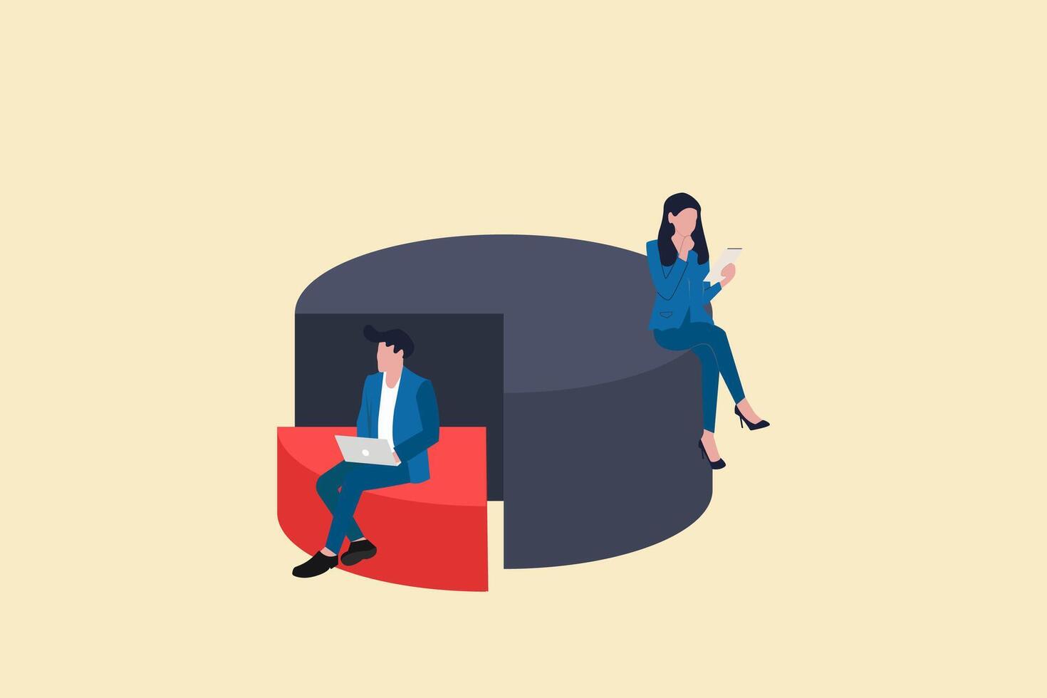 Business woman dan businessman sitting on pie chart. Business market share concept. Symbol of analysis, statistics, data processing. Minimal eps10 illustration. vector